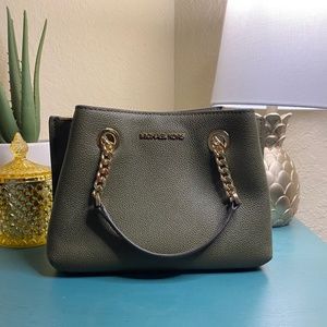 Michael Kors dark olive green leather gold handbag with crossbody strap